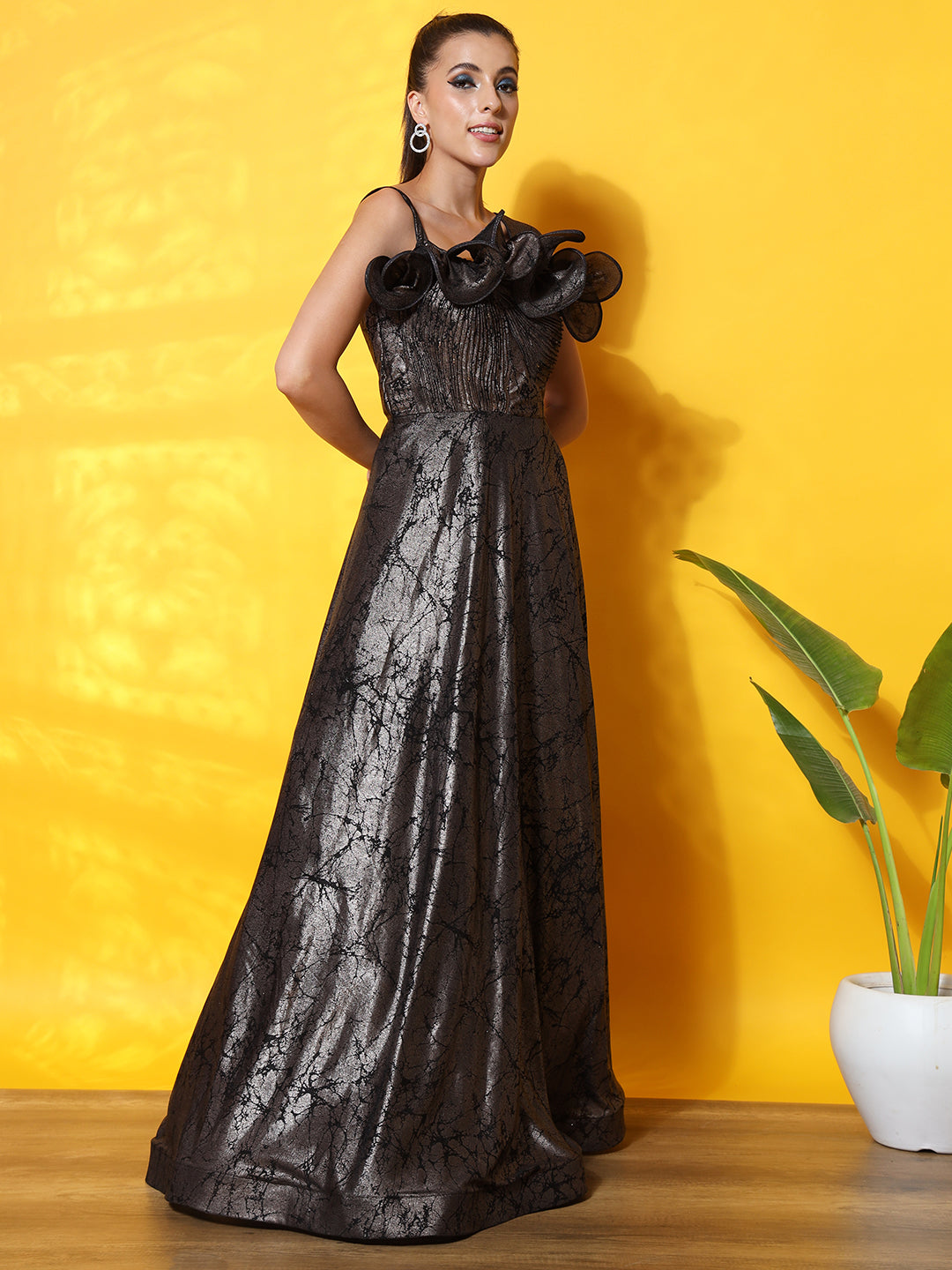 Textured Flowy Cocktail Gown with Structured Ruffled Yoke