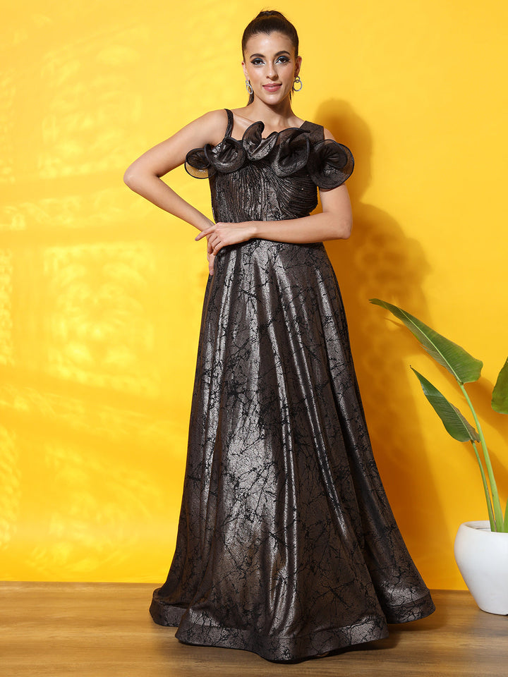 Textured Flowy Cocktail Gown with Structured Ruffled Yoke