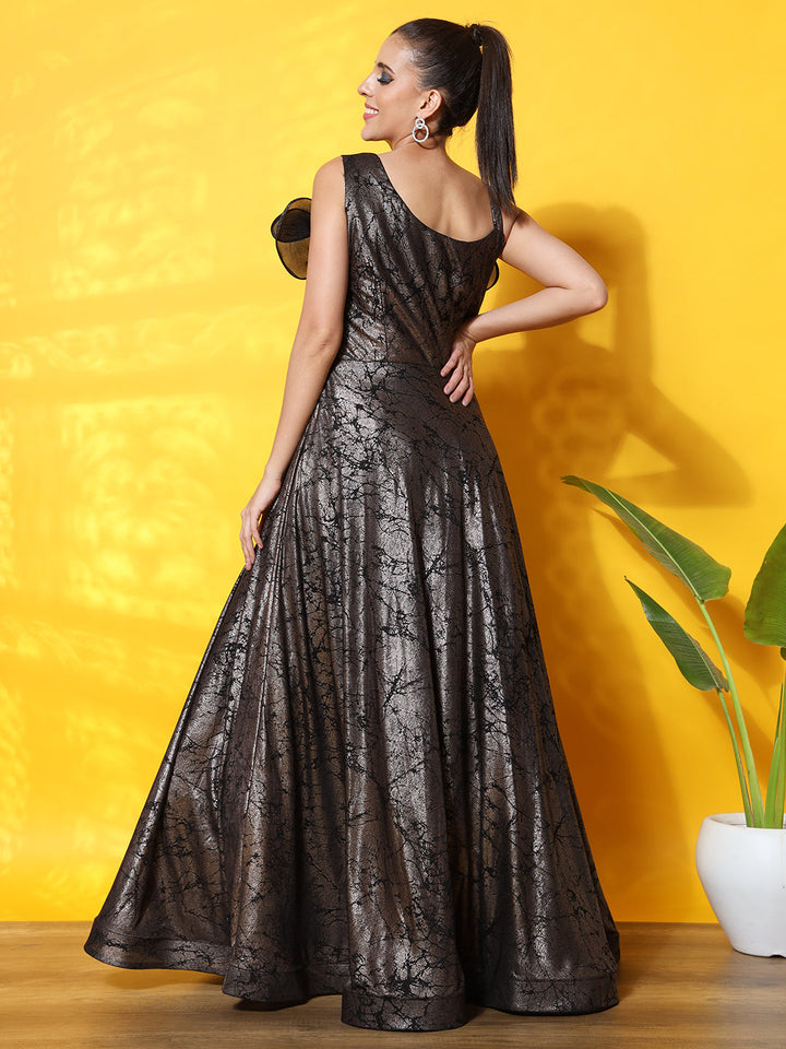 Textured Flowy Cocktail Gown with Structured Ruffled Yoke
