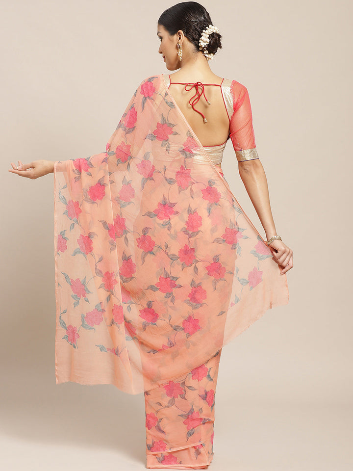 Pastel Peach Summer Chiffon Saree with Contemporary Floral Prints and Gold Zari Border