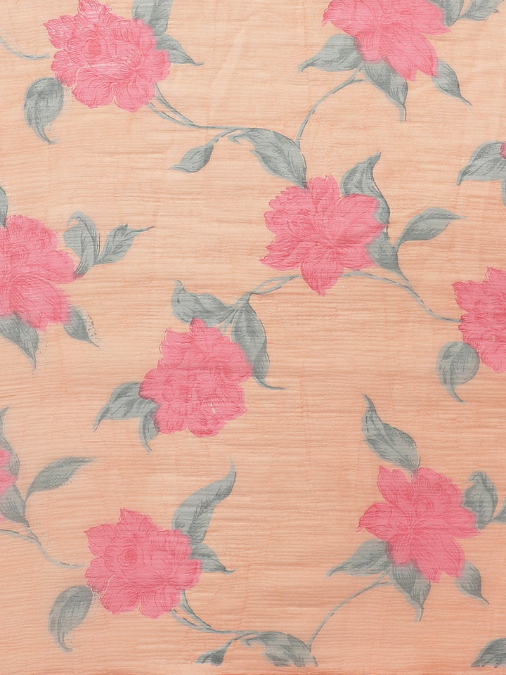 Pastel Peach Summer Chiffon Saree with Contemporary Floral Prints and Gold Zari Border