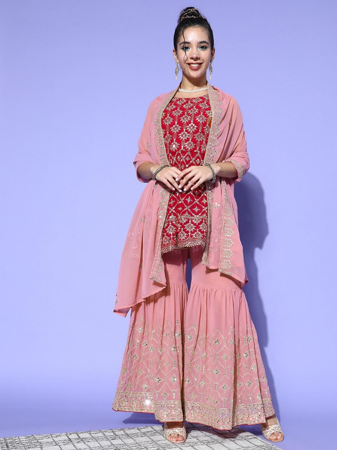 Fuchsia Pink Zari Emboidered Peplum Kurta Sharara Dupatta Set