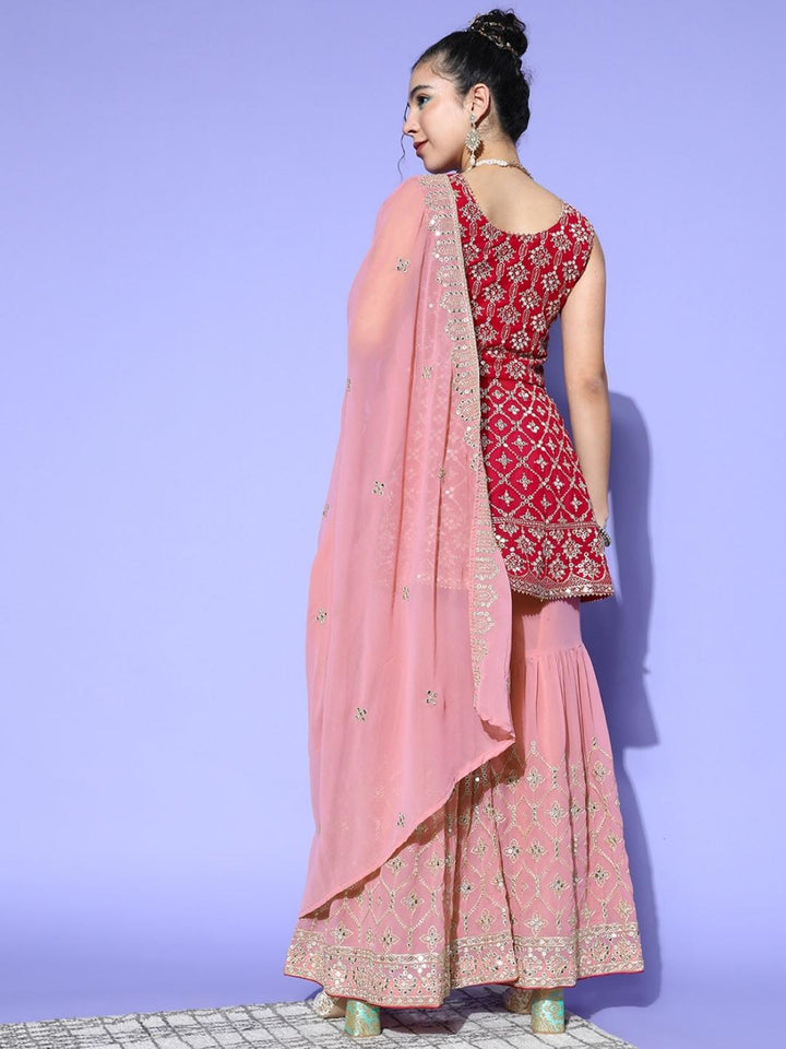 Fuchsia Pink Zari Emboidered Peplum Kurta Sharara Dupatta Set