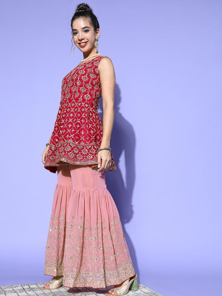 Fuchsia Pink Zari Emboidered Peplum Kurta Sharara Dupatta Set
