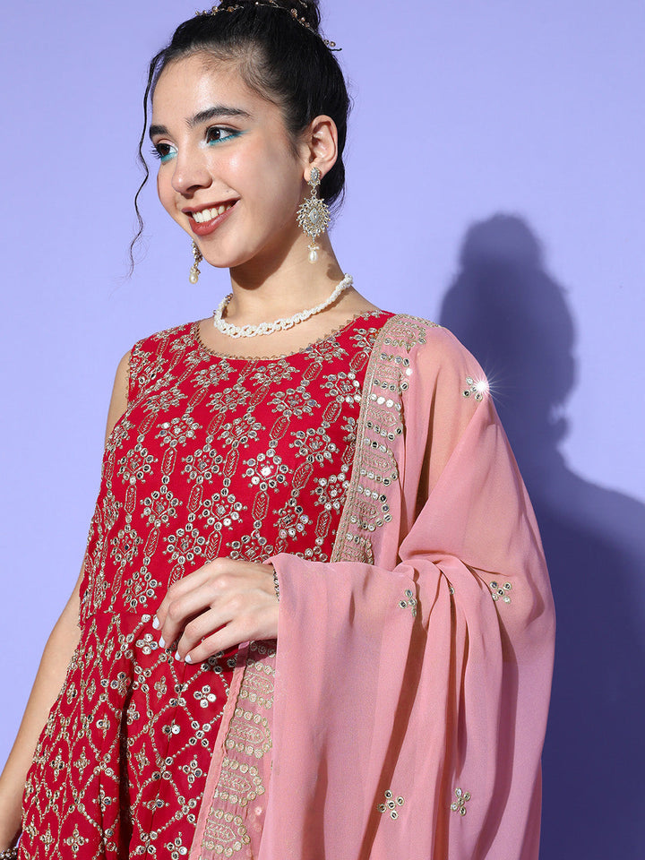 Fuchsia Pink Zari Emboidered Peplum Kurta Sharara Dupatta Set