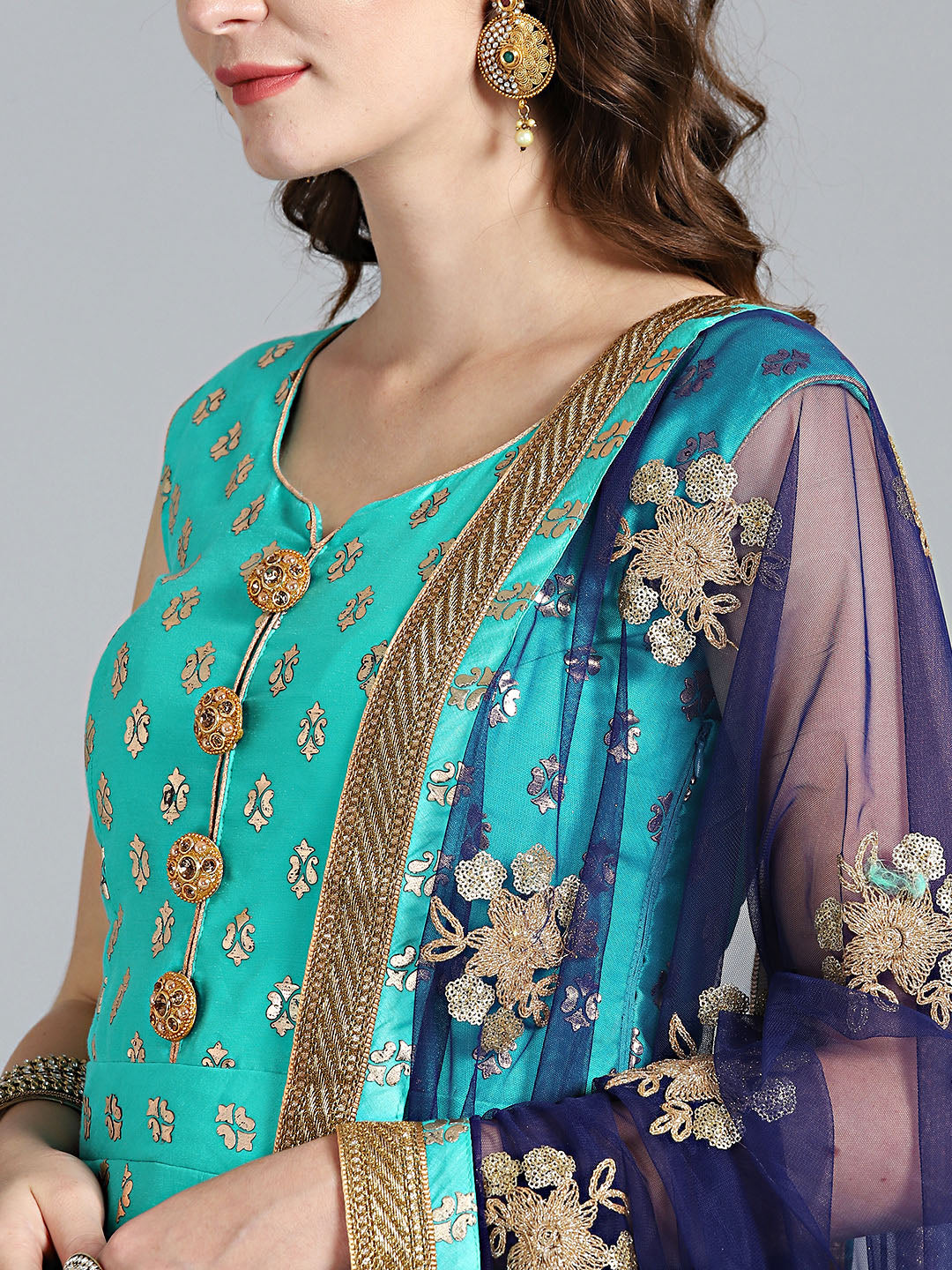 Foil Print Anarkali Suit with Embroidered Dupatta