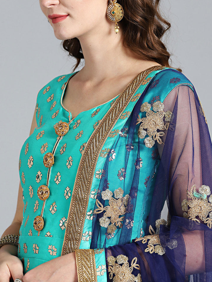 Foil Print Anarkali Suit with Embroidered Dupatta