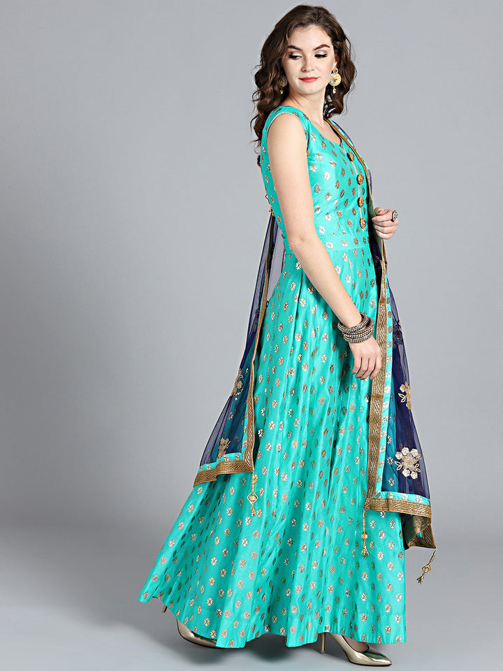 Foil Print Anarkali Suit with Embroidered Dupatta