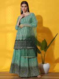 Mirror & Zircon Embellished Ombre Kurta Gharara Set with Embroidery