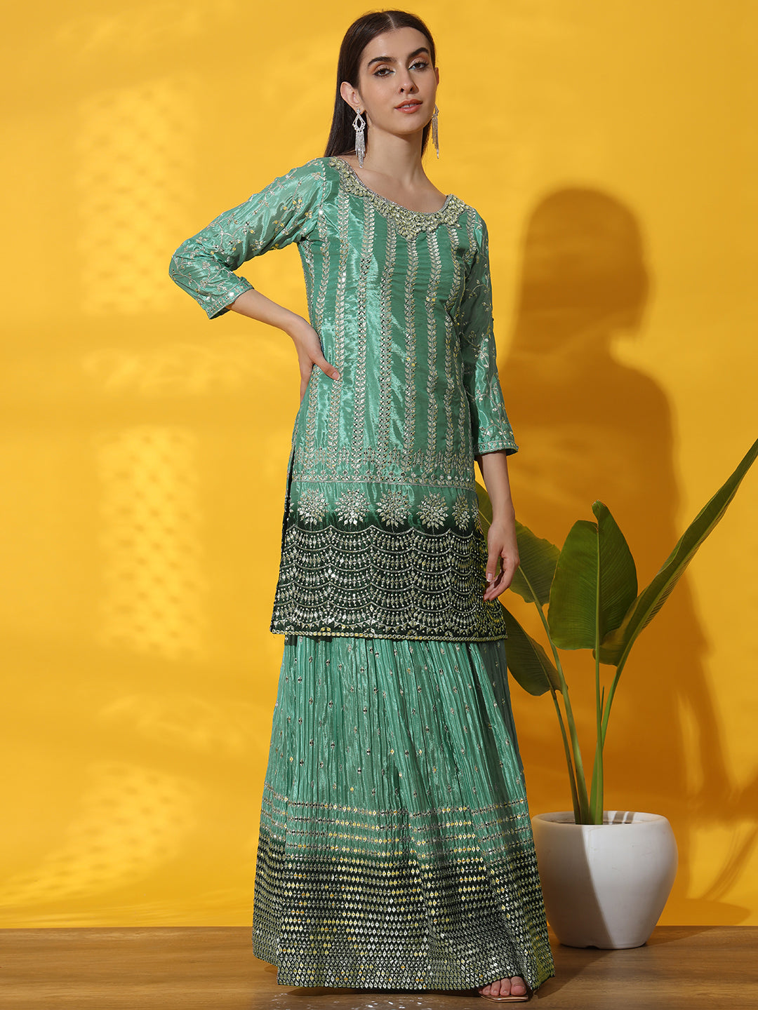 Mirror & Zircon Embellished Ombre Kurta Gharara Set with Embroidery