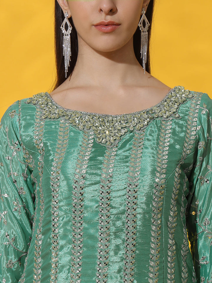 Mirror & Zircon Embellished Ombre Kurta Gharara Set with Embroidery