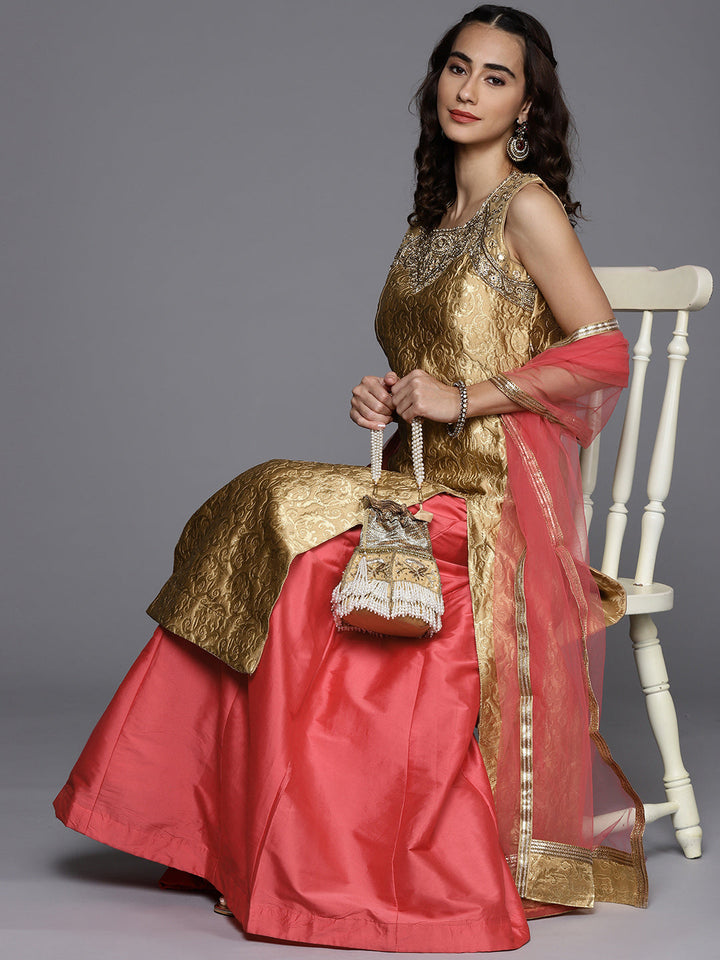 Made to Measure Pink Silk Lehanga with Long Front Slit Brocade Kurta & Net Dupatta
