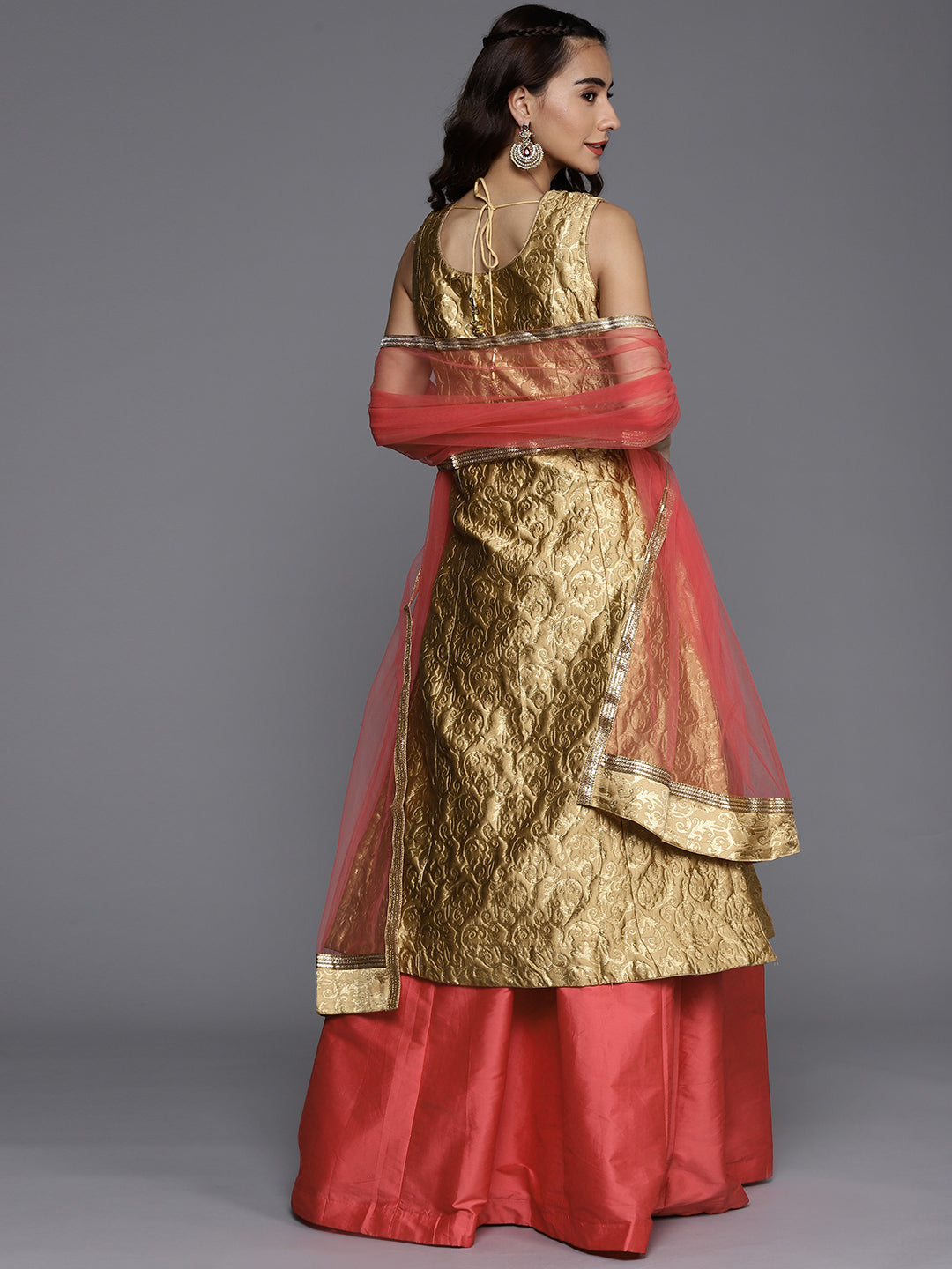 Made to Measure Pink Silk Lehanga with Long Front Slit Brocade Kurta & Net Dupatta