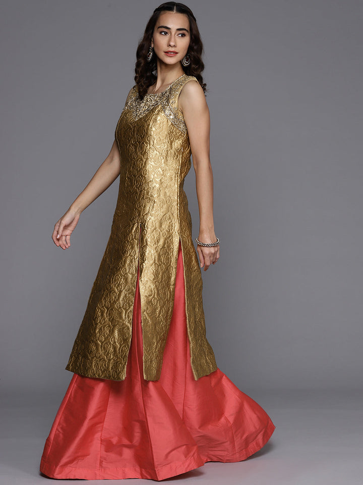 Made to Measure Pink Silk Lehanga with Long Front Slit Brocade Kurta & Net Dupatta