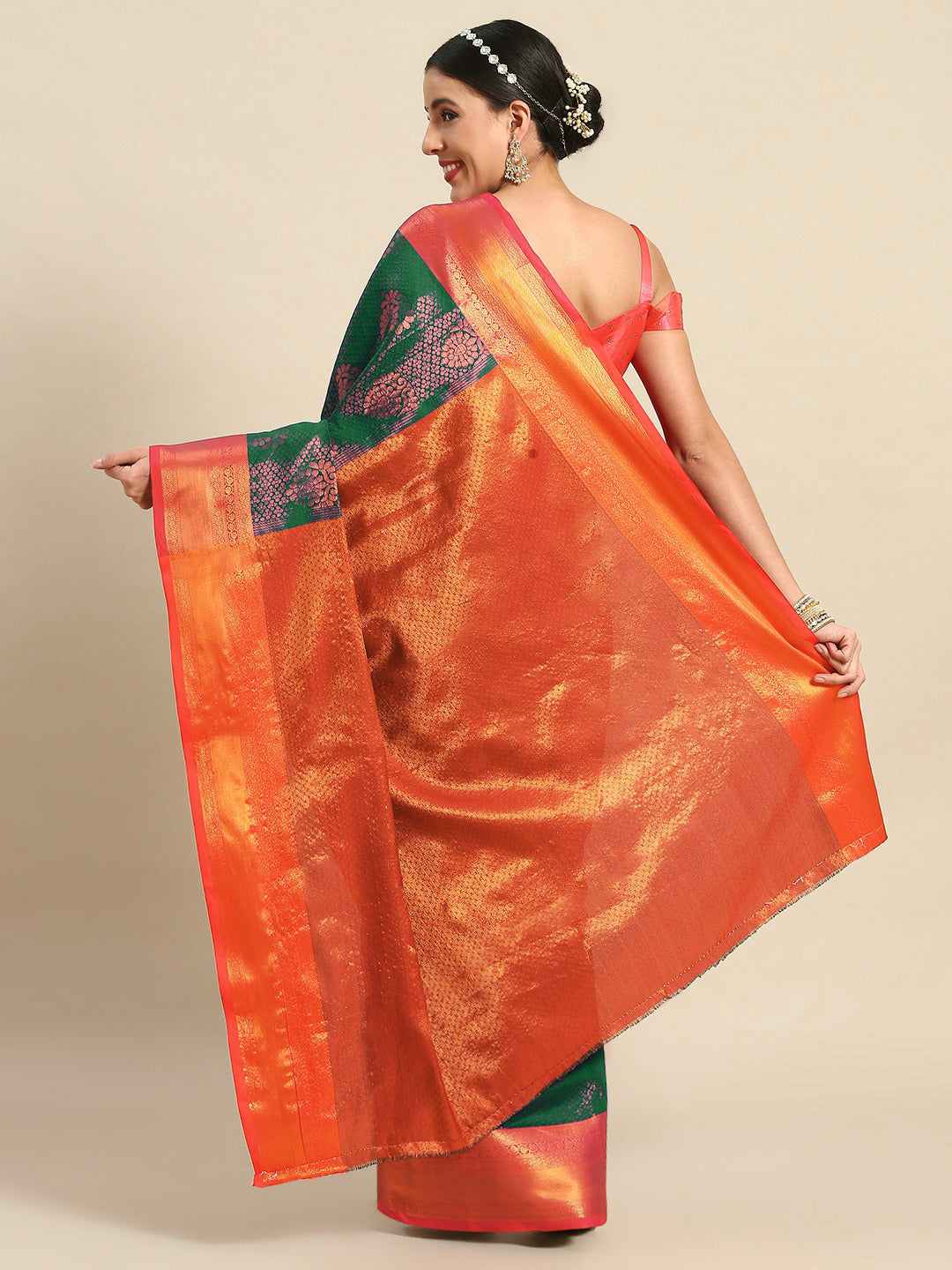 Green Banarasi Zari Woven Embellished Copper Silk Saree