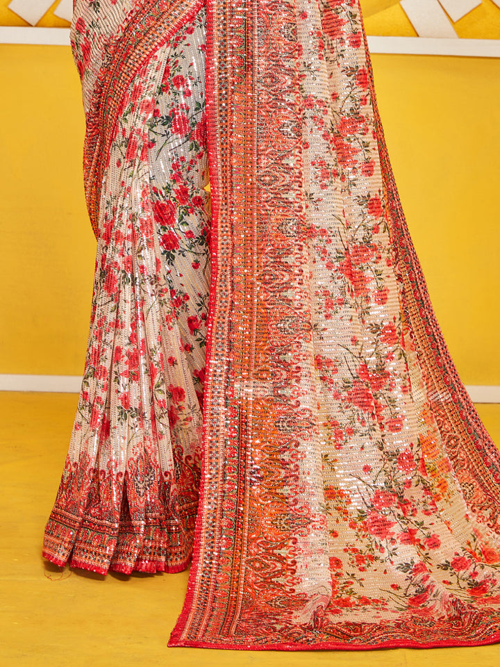 White & Red Floral Digital Print Allover Sequin Embroidered Saree