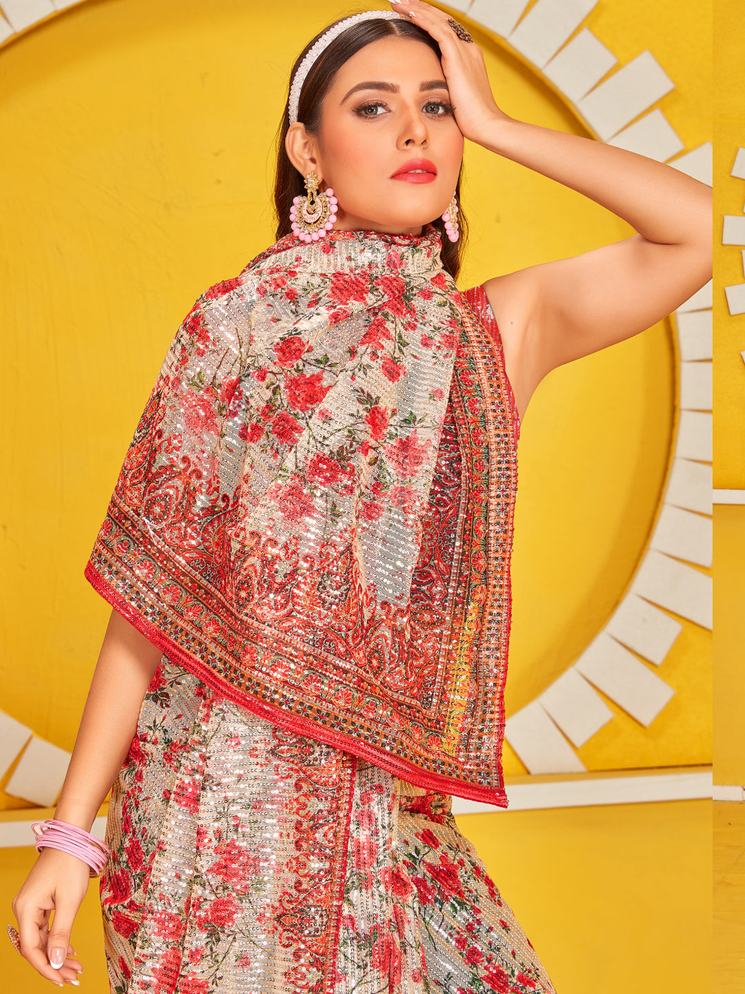 White & Red Floral Digital Print Allover Sequin Embroidered Saree