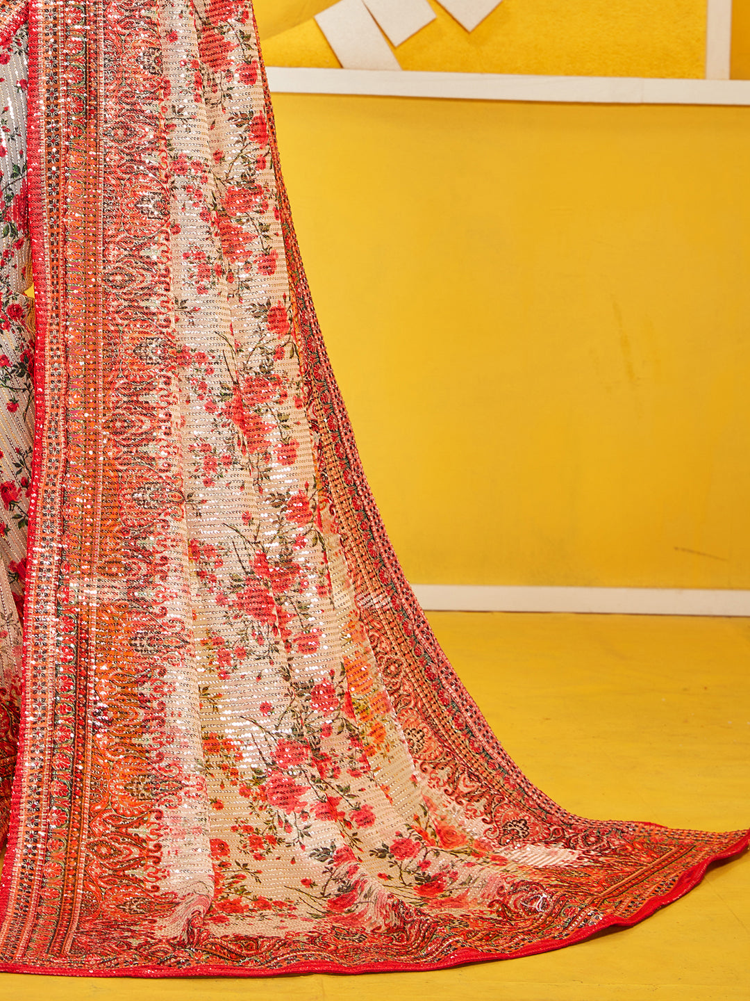 White & Red Floral Digital Print Allover Sequin Embroidered Saree