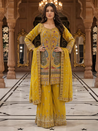 Dori Embroidered Kurta Palazzo Set with Multicolor Resham & Mirror Work & Jaal Dupatta