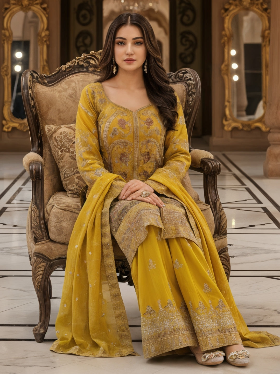 Dori Embroidered Kurta Palazzo Set with Multicolor Resham & Mirror Work & Jaal Dupatta