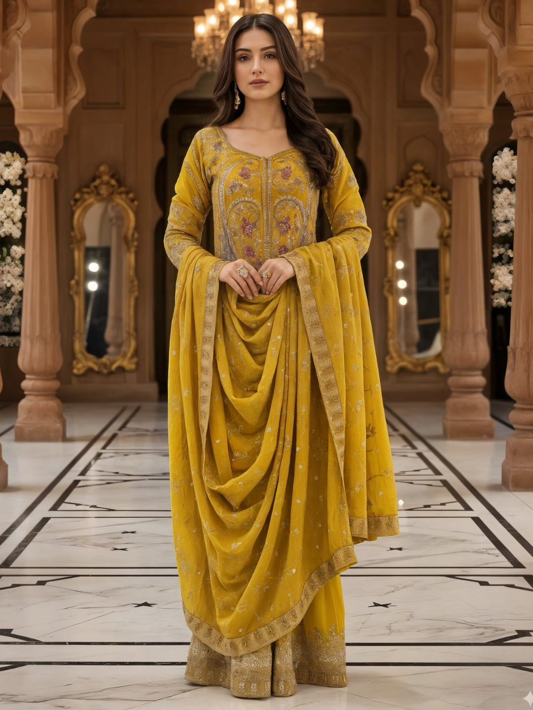 Dori Embroidered Kurta Palazzo Set with Multicolor Resham & Mirror Work & Jaal Dupatta