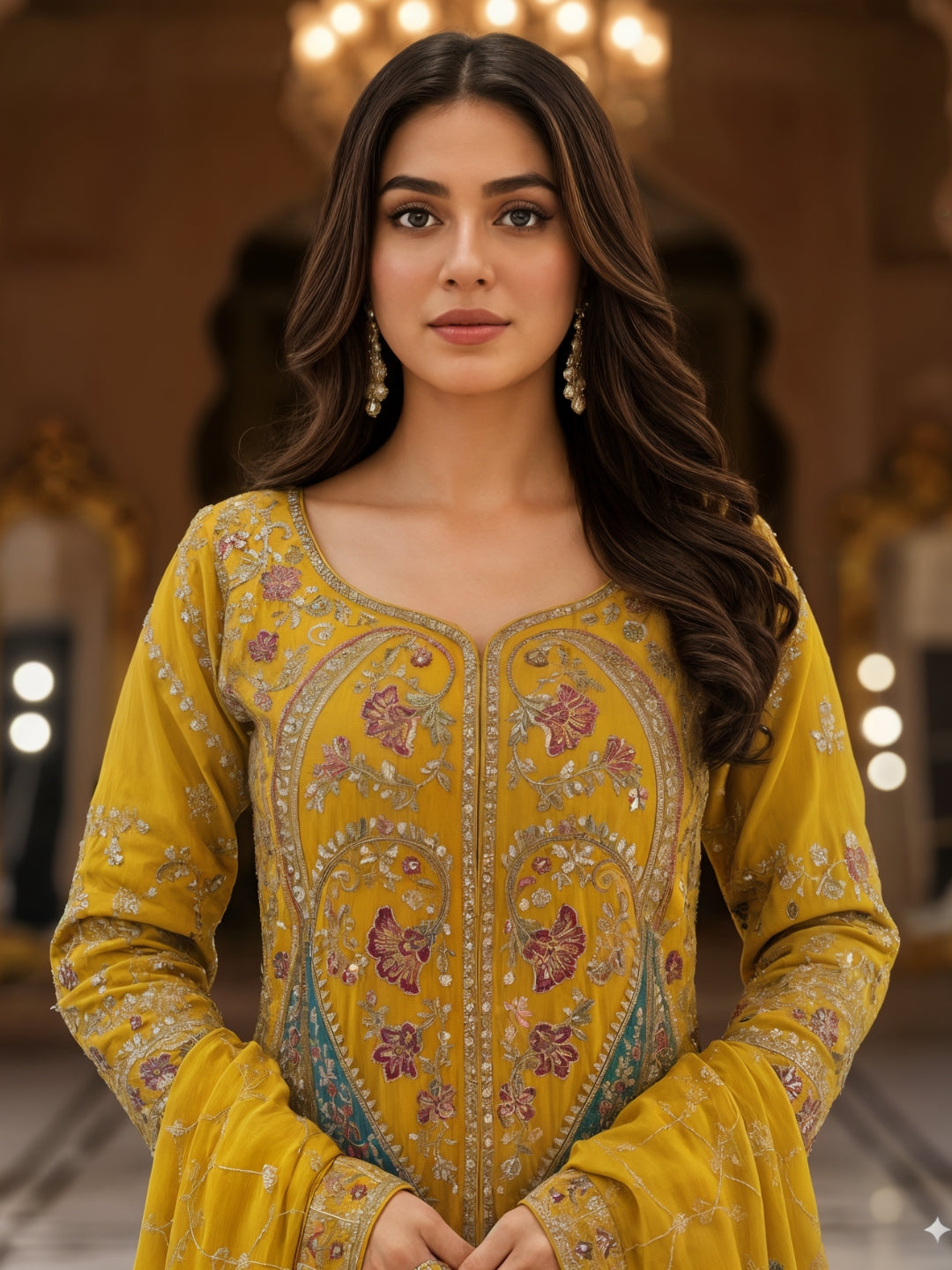 Dori Embroidered Kurta Palazzo Set with Multicolor Resham & Mirror Work & Jaal Dupatta