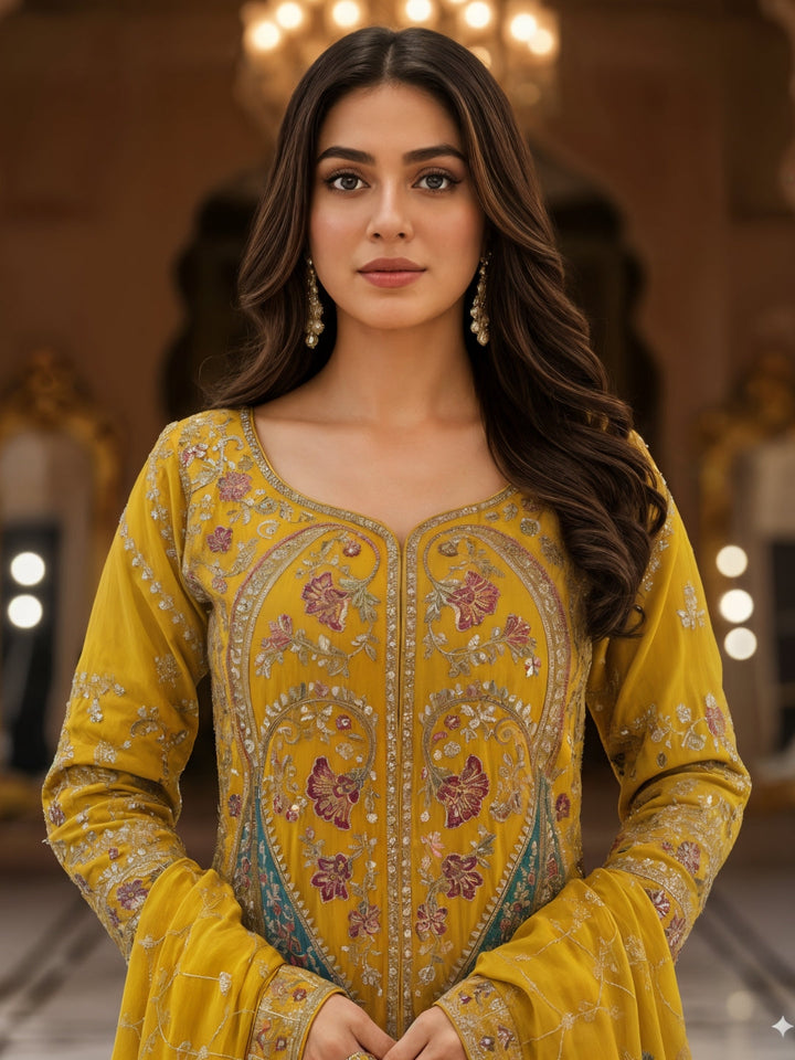 Dori Embroidered Kurta Palazzo Set with Multicolor Resham & Mirror Work & Jaal Dupatta