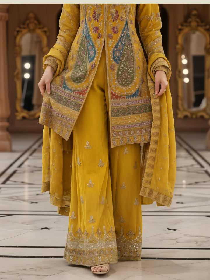 Dori Embroidered Kurta Palazzo Set with Multicolor Resham & Mirror Work & Jaal Dupatta