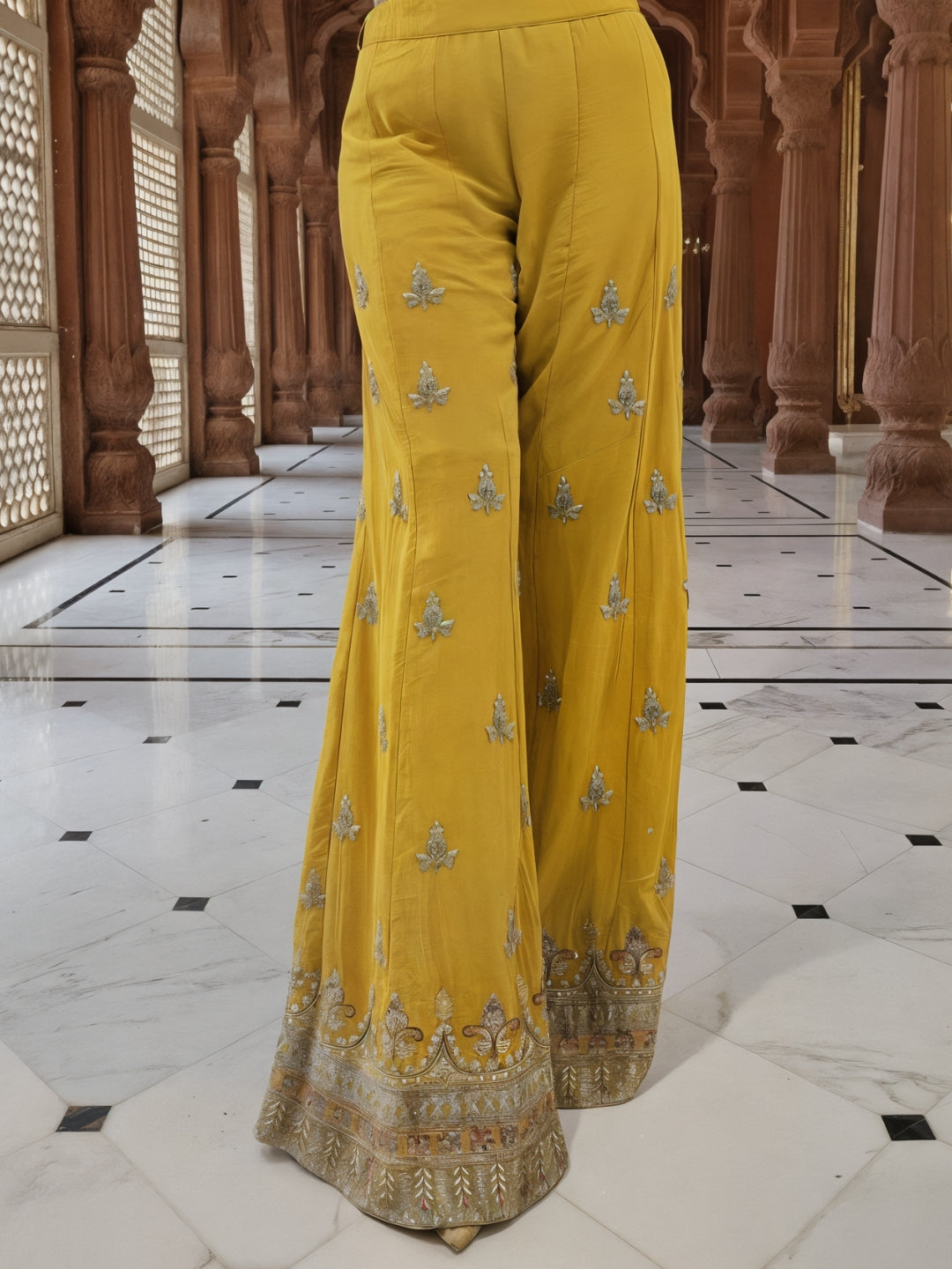 Dori Embroidered Kurta Palazzo Set with Multicolor Resham & Mirror Work & Jaal Dupatta