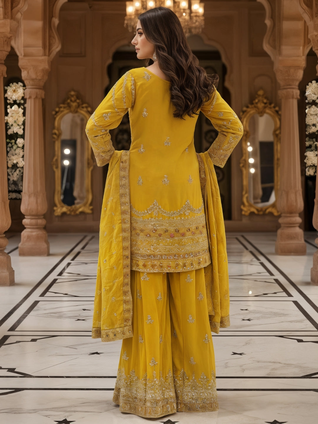 Dori Embroidered Kurta Palazzo Set with Multicolor Resham & Mirror Work & Jaal Dupatta