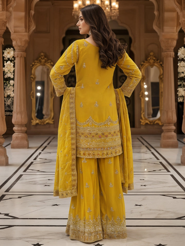 Dori Embroidered Kurta Palazzo Set with Multicolor Resham & Mirror Work & Jaal Dupatta