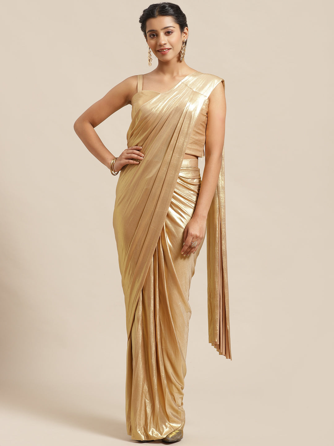 Ruffle Pre-Draped Gold Metalic Saree with Frills and Sequenced Embroidery Jacket Blouse