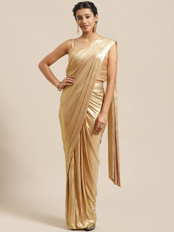 Ruffle Pre-Draped Gold Metalic Saree with Frills and Sequenced Embroidery Jacket Blouse