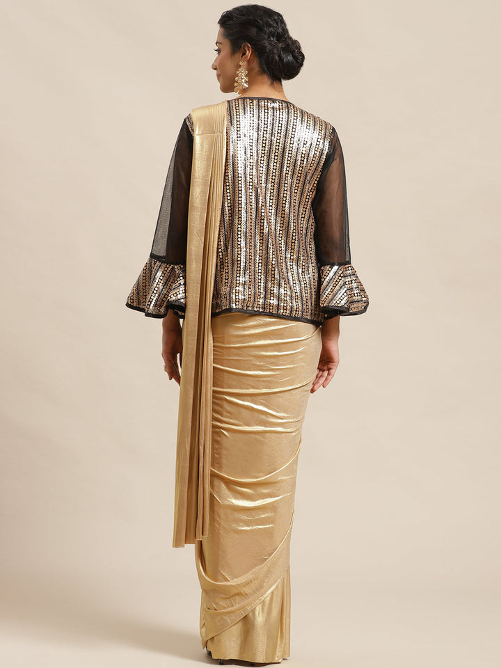 Ruffle Pre-Draped Gold Metalic Saree with Frills and Sequenced Embroidery Jacket Blouse