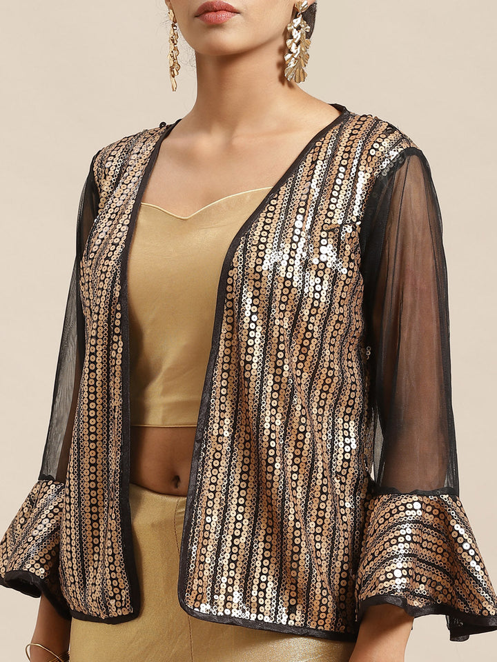 Ruffle Pre-Draped Gold Metalic Saree with Frills and Sequenced Embroidery Jacket Blouse