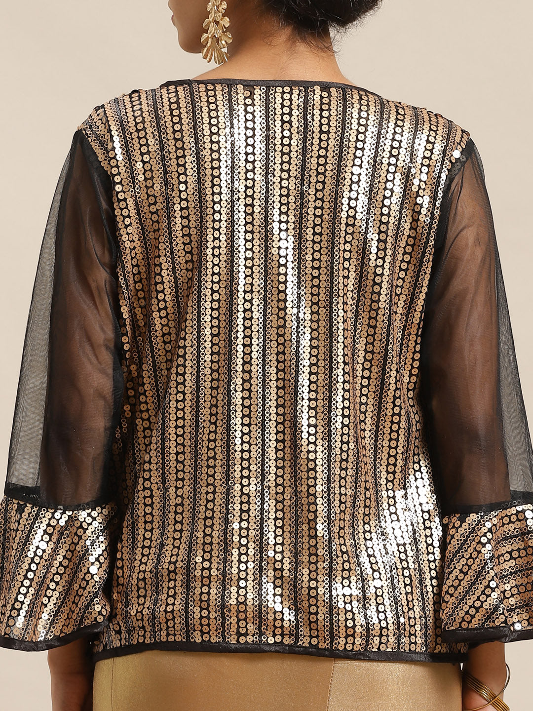 Ruffle Pre-Draped Gold Metalic Saree with Frills and Sequenced Embroidery Jacket Blouse