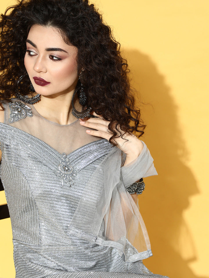 Grey Bling Barbie Crystal Embroidery Flared Gown