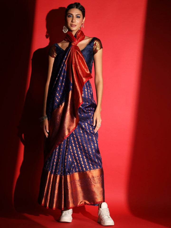 Navy Blue Banarasi Silk Saree with Copper Weaving & Contrast Border