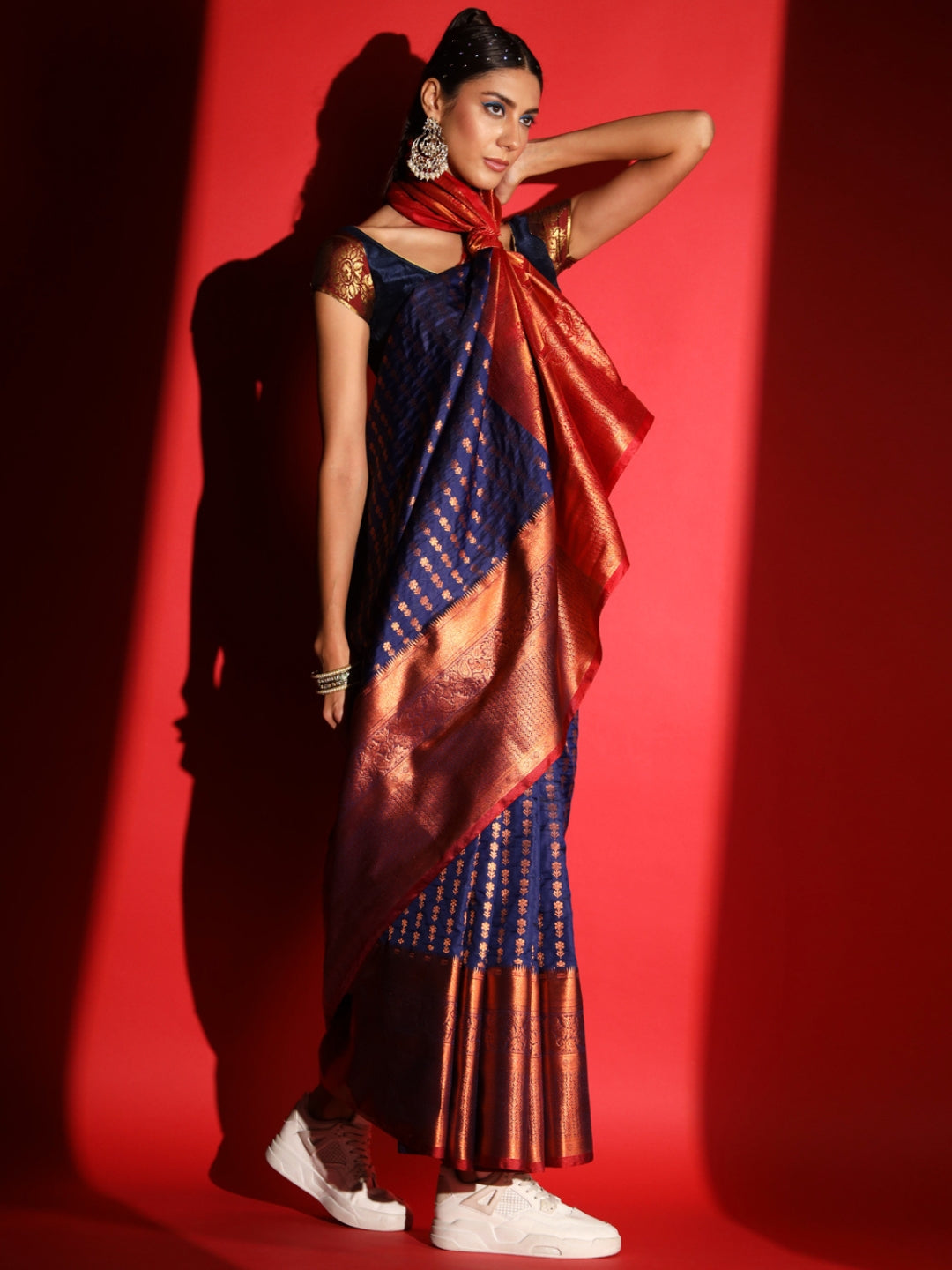 Navy Blue Banarasi Silk Saree with Copper Weaving & Contrast Border