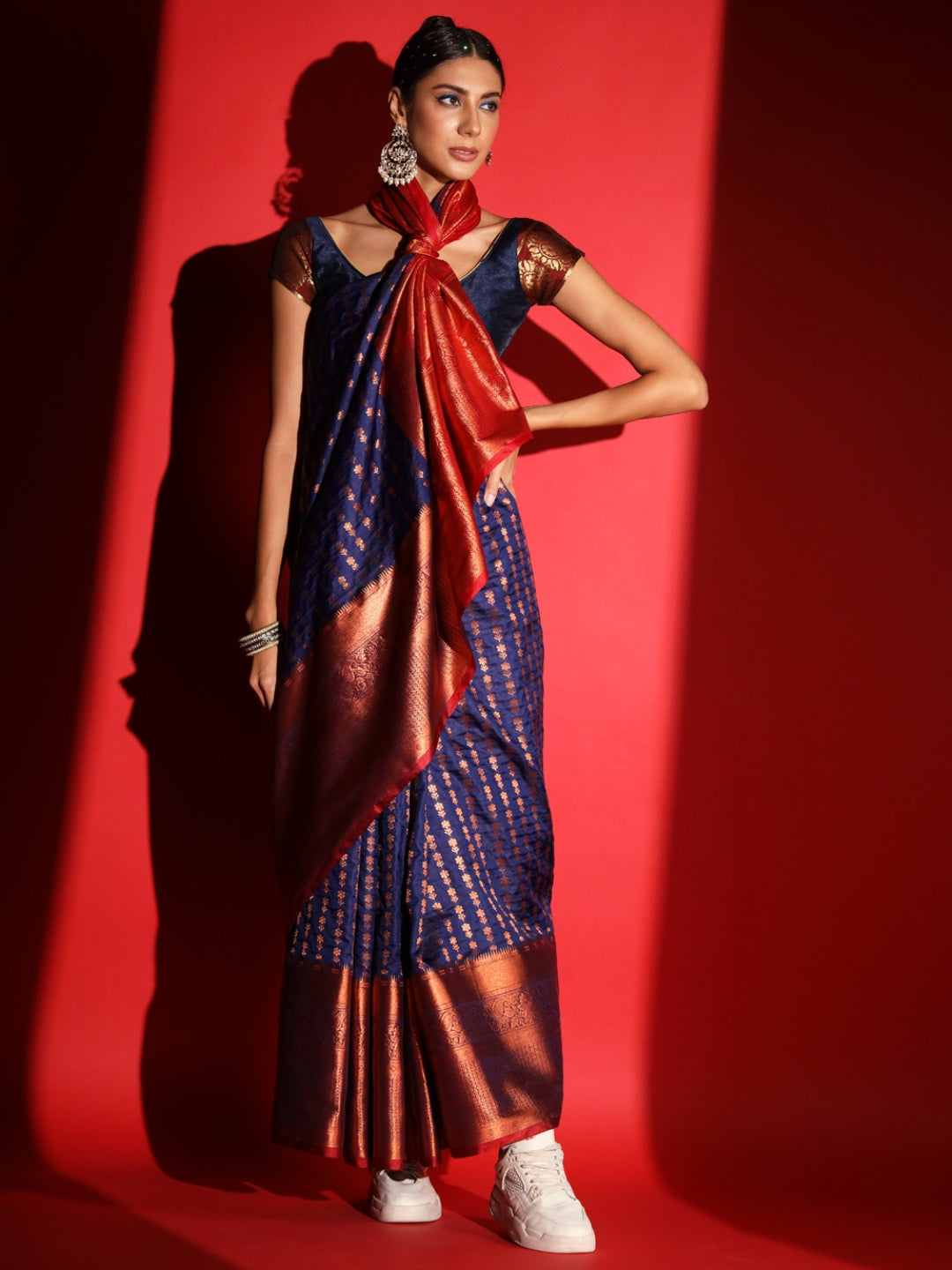 Navy Blue Banarasi Silk Saree with Copper Weaving & Contrast Border
