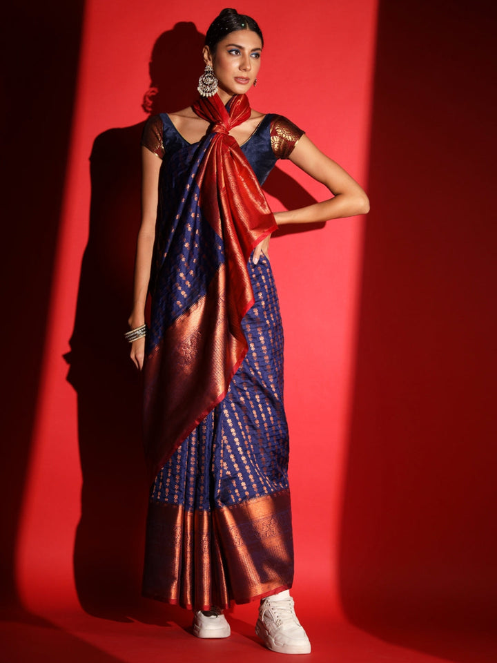 Navy Blue Banarasi Silk Saree with Copper Weaving & Contrast Border