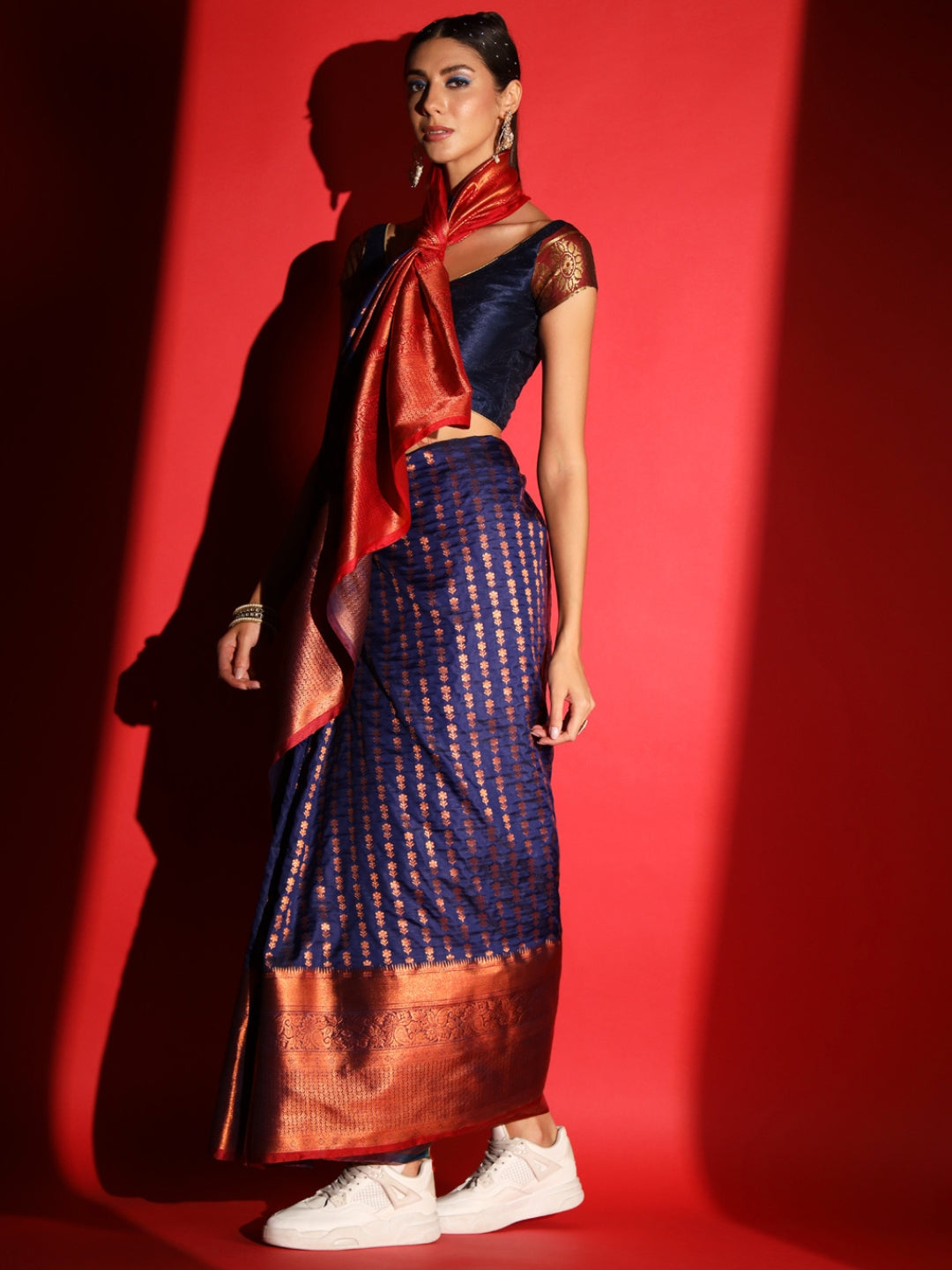 Navy Blue Banarasi Silk Saree with Copper Weaving & Contrast Border