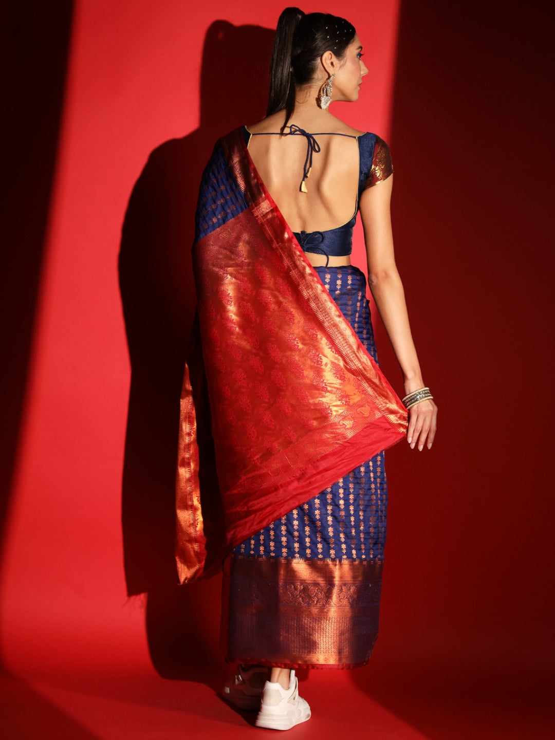 Navy Blue Banarasi Silk Saree with Copper Weaving & Contrast Border