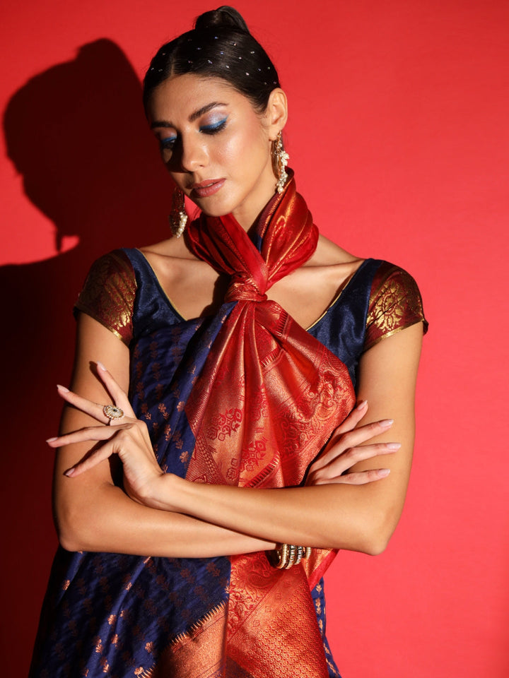 Navy Blue Banarasi Silk Saree with Copper Weaving & Contrast Border