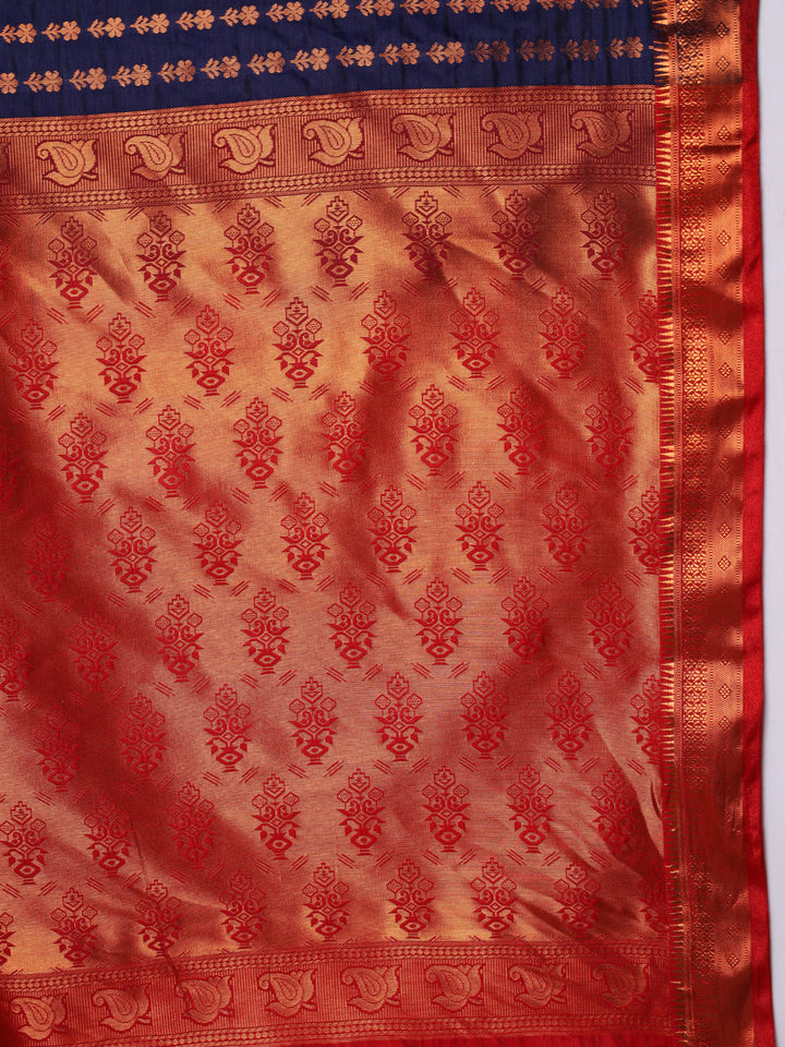 Navy Blue Banarasi Silk Saree with Copper Weaving & Contrast Border