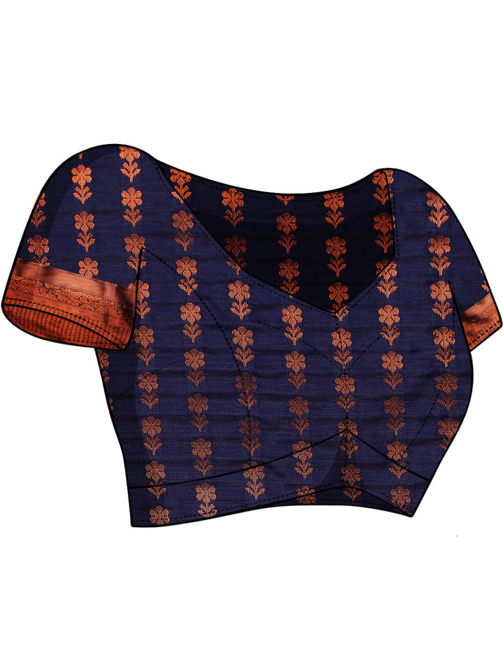 Navy Blue Banarasi Silk Saree with Copper Weaving & Contrast Border