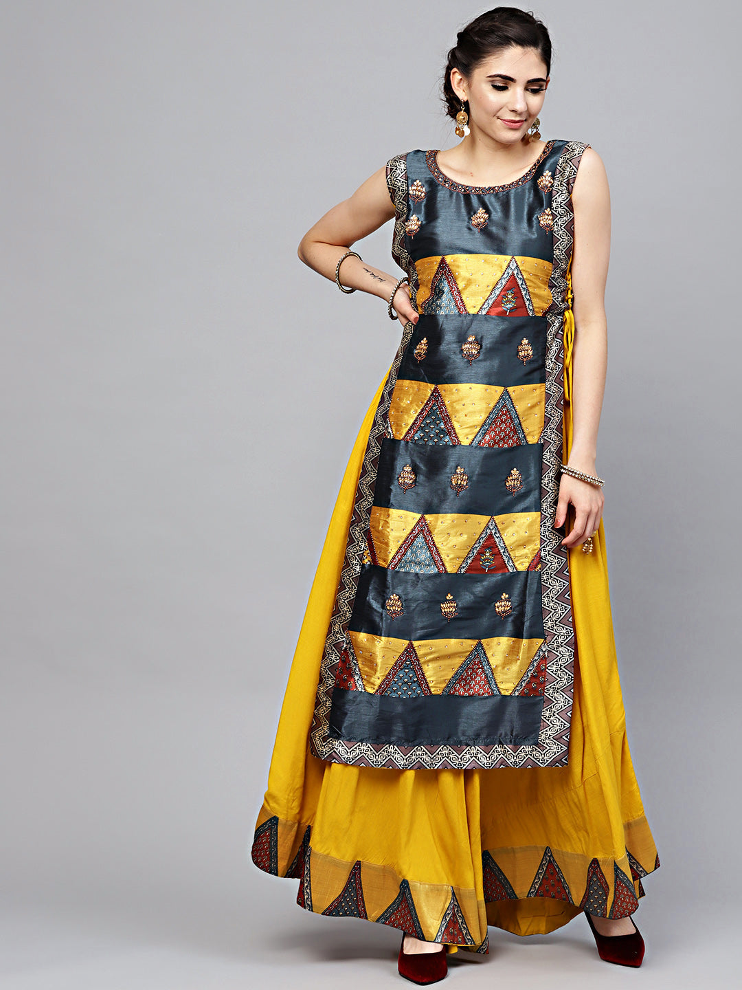 Tribal Pattern Layered Dress with Crystal Embellishments