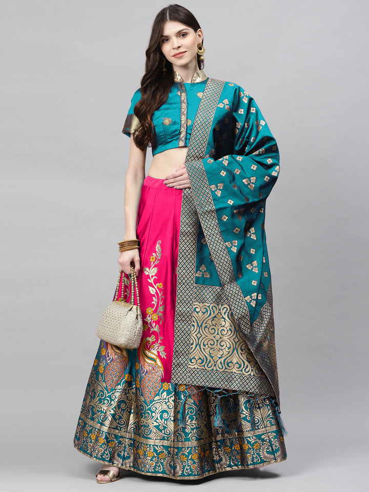 Teal Blue & Magenta Pink Dyed Semi Stitched Banarasi Lehenga Choli Set