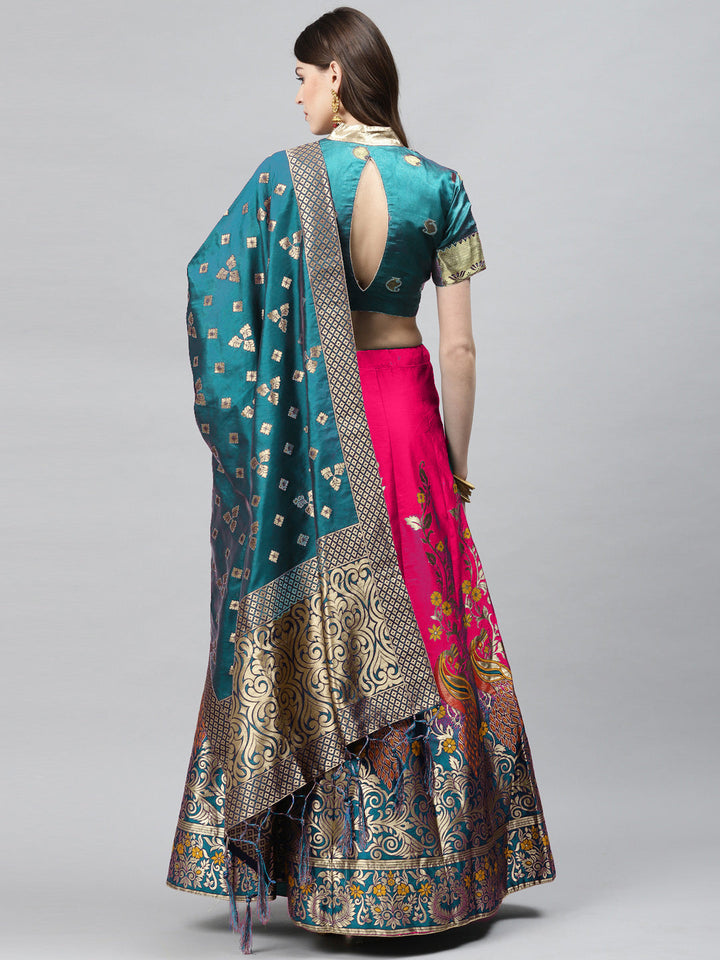 Teal Blue & Magenta Pink Dyed Semi Stitched Banarasi Lehenga Choli Set
