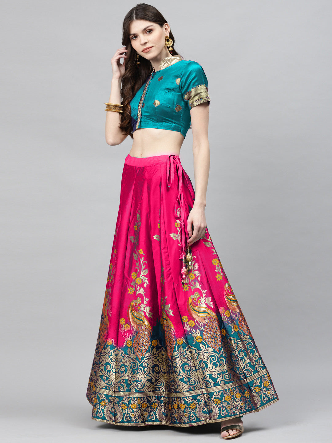 Teal Blue & Magenta Pink Dyed Semi Stitched Banarasi Lehenga Choli Set